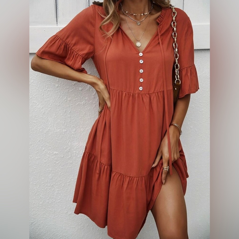 Shein Rust Orange Button Up Tiered XL Women’s Mini Dress Brand New w/o Tags